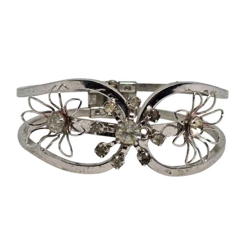 Vintage Silver-Tone Floral Rhinestone Bracelet With Hinged Clasp